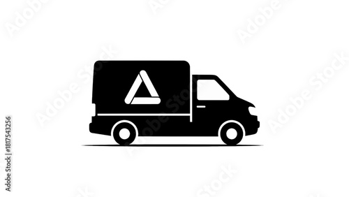 Vector illustration of black and white silhouette icon of a delivery van or cargo truck with a stylized letter a logo isolated on transparent background 