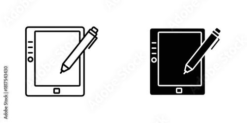 Tablet with stylus icon set, outline and glyph style, isolated on