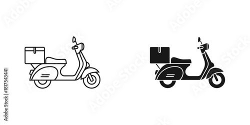 Two styles of delivery scooter icons, one outline and one solid, with a package box, isolated on