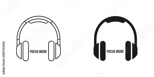 Headphones with focus mode text, featuring both outline and solid black icon styles, isolated on