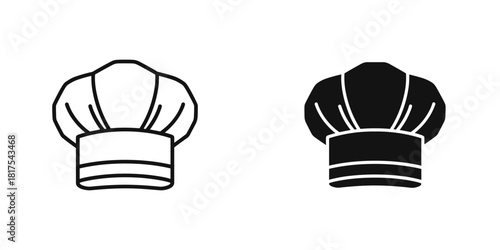Chef hat icon set, featuring both outline and solid black designs, isolated on