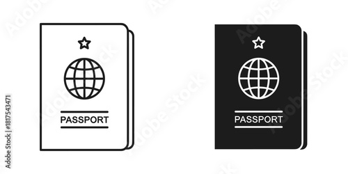 Passport icon set, outline and solid black, with globe and star, isolated on