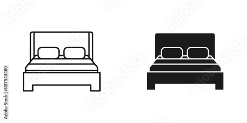 Bed icon set with outline and solid glyph styles, featuring a headboard, mattress, and two pillows, isolated on