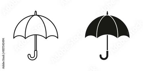 Umbrella icon set with outline and filled black versions, isolated on
