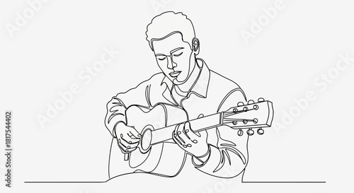 Continuous line drawing of a musician playing acoustic guitar in a relaxed manner