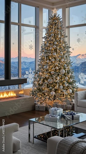 Luxurious living space adorned with a sparkling Christmas tree, warm fireplace, and panoramic views of a winter mountain range during golden hour.