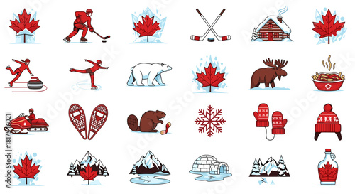Collection of canadian themed icons featuring animals sports nature and other cultural representations in red