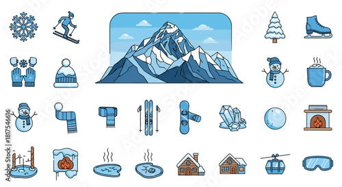 Winter themed icons showcasing snow activities and winter landscapes with cold weather gear icons