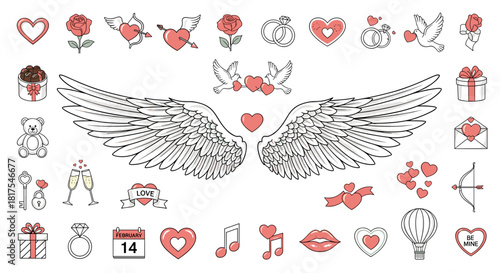 Valentine's day themed drawing featuring hearts, wings, roses, and love related elements design