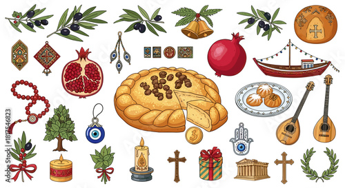 Illustration of greek new year symbols and traditions with cake and various cultural objects