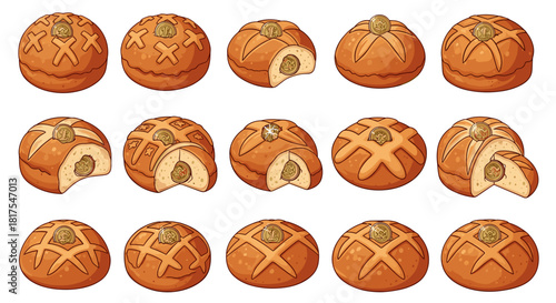 Collection of fifteen stylized easter bread loaves with decorative crusts and filling inside them