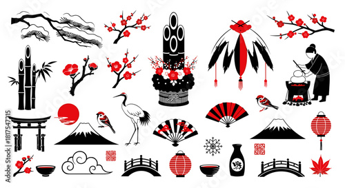 Collection of japanese themed illustrations featuring traditional symbols and cultural elements design