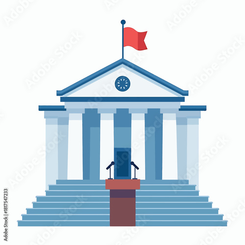 Flat vector illustration of generic government building with columns, red flag and podium on steps for public speech or press conference concept
