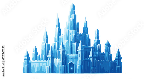 A majestic ice castle with tall spires and intricate details stands against a white background scene here