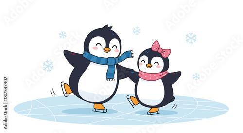 Two cartoon penguins ice skating together on a frozen pond with snowflakes falling in the background