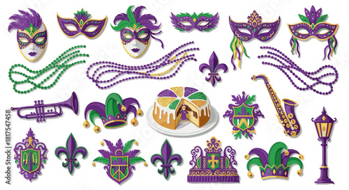 A festive collection of mardi gras themed items including masks beads and musical instruments displayed together