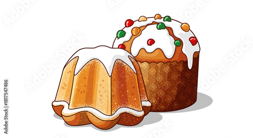 Illustration of two decorated easter cakes with white icing and colorful candied fruit toppings design