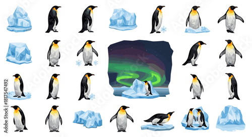 Collection of emperor penguins standing on icebergs with aurora borealis background in antarctica 100