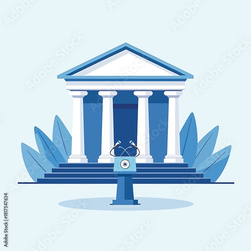 Government Building with Podium and Microphones Illustration,Illustration of a classical government building with white columns and a central podium equipped with microphones for a political speech