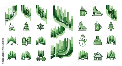 Illustration of winter themed icons including snowflakes, ice skates, and a snowman in green tones