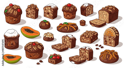 An assortment of decorated fruitcakes and papaya slices arranged on a white background surface