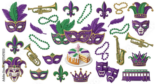 Illustration featuring mardi gras elements like masks beads fleur de lis and musical instruments galore