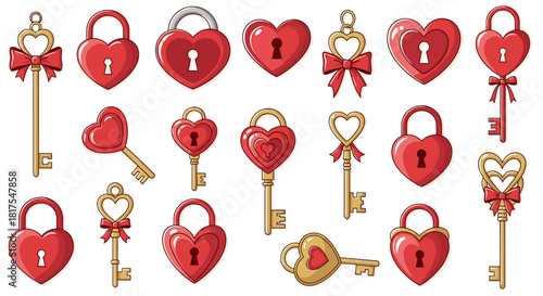 Illustration of various red heart shaped padlocks and keys with bows on a white background