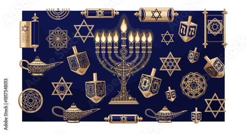 An ornate hanukkah menorah with dreidels stars of david scrolls and lamps on a dark blue background