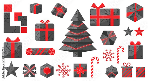 Collection of christmas themed decorative elements including presents, tree, and candy canes