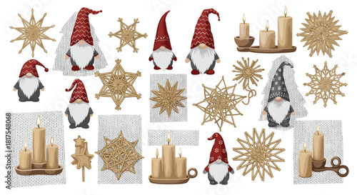 A collection of christmas gnomes, straw stars, and lit candles arranged on a white background surface