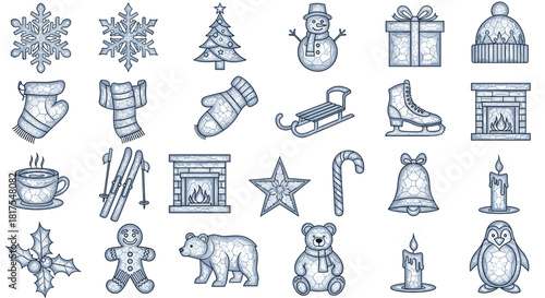 Collection of twenty five winter themed objects including snowflakes and christmas decorations in grey tones