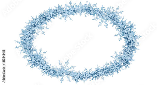 A delicate wreath formed by intricately arranged light blue snowflakes on a white background creates a circular frame