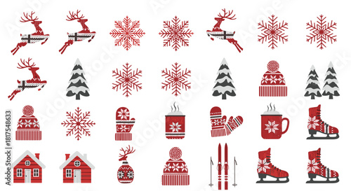 Festive winter holiday icons featuring reindeer snowflakes trees and winter accessories in red and white