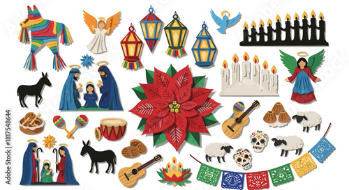 Festive christmas and dia de muertos elements including nativity scenes and sugar skulls arranged together