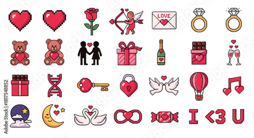 Collection of valentine's day themed icons featuring hearts, roses, and romantic symbols of love