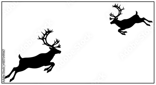 Two black reindeer silhouettes leaping in opposite directions on a white background with a black border