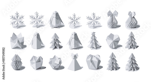 Arrangement of origami figures including penguins snowflakes christmas trees and foxes in white color palette