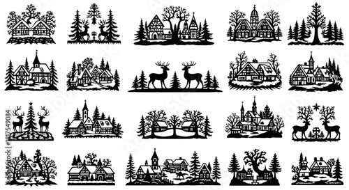 Collection of silhouette christmas scenes with houses trees and deer in a festive winter landscape design