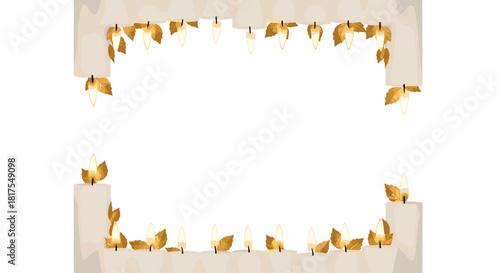 Elegant frame of candles with golden leaves creating a decorative border on a white background design element