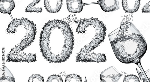 Bubbling year with glasses of sparkling liquid against a bright white background creating a festive look
