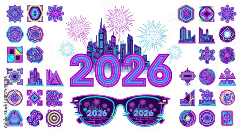 A futuristic new year celebration design featuring 2026, cityscape, and abstract shapes all in neon colors