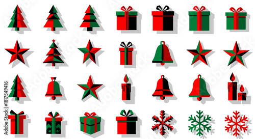 Christmas themed illustration with trees stars gifts bells candles and snowflakes in red and green