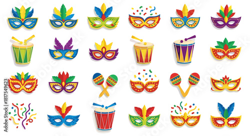 Collection of colorful carnival masks drums and maracas on a white background for celebration fun