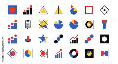 Collection of abstract geometric shapes and chart icons in various colors and configurations