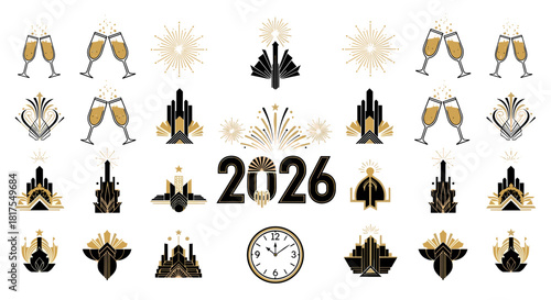 Art deco new year 2026 celebration with champagne flutes and fireworks on a white background festive scene