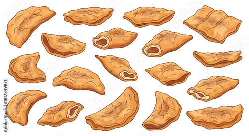 Illustration of multiple pieces of fried pork rinds with a golden brown color on a white background