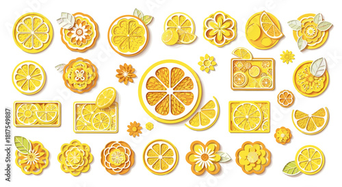 Assortment of decorative lemon slices and lemon themed floral designs on a white background surface