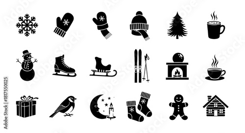 Illustration of winter themed icons including snowman, mittens, and skis in black and white style