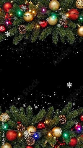 Festive Christmas Border with Pine Branches, Colorful Ornaments, and Falling Snowflakes on a Black Background