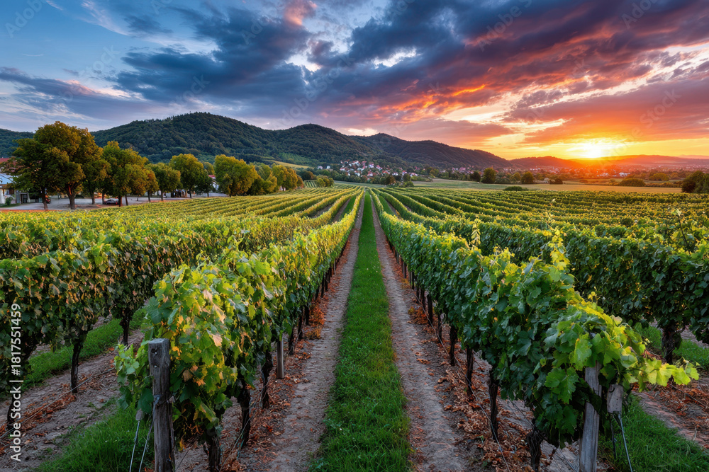 Fototapeta premium Vineyard Sunset Over Rolling Hills and Distant Village